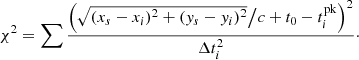 $$ \begin{aligned} \chi ^2=\sum \frac{\left(\sqrt{(x_s-x_i)^2+(y_s-y_i)^2}\big / c+t_0-t^\mathrm{pk}_i\right)^2}{\Delta t^2_i}\cdot \end{aligned} $$