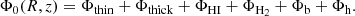 $$ \begin{aligned} \Phi _0(R,z)=\Phi _\mathrm{thin} +\Phi _\mathrm{thick} +\Phi _\mathrm{HI} +\Phi _\mathrm{H_2} +\Phi _{\mathrm{b} }+\Phi _{\mathrm{h} }. \end{aligned} $$