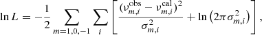 $$ \begin{aligned} \ln L = -\frac{1}{2}\sum _{m=1, 0, -1} \sum _i\left[\frac{(\nu _{m, i}^\mathrm{obs} -\nu _{m, i}^\mathrm{cal} )^2}{\sigma _{m, i}^2} +\ln \left(2\pi \sigma _{m, i}^2\right)\right], \end{aligned} $$