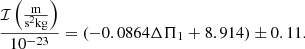 $$ \begin{aligned} \frac{\mathcal{I} \left(\frac{\mathrm{m}}{\mathrm{s^2kg}}\right)}{10^{-23}}=\left(-0.0864\Delta \Pi _1+8.914\right)\pm 0.11. \end{aligned} $$