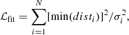 $$ \begin{aligned} \mathcal{L} _{\rm fit} = \sum _{i=1}^{N}[\min (dist_{i})]^{2}/\sigma _{i}^{2}, \end{aligned} $$