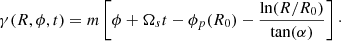$$ \begin{aligned} \gamma (R,\phi ,t)= m\left[\phi +\Omega _{s} t -\phi _p(R_0) -\frac{\ln (R/R_0)}{\tan (\alpha )}\right]\cdot \end{aligned} $$