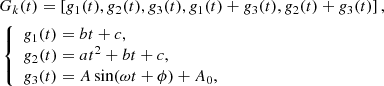 $$ \begin{aligned} \begin{aligned}&G_{k}(t)=\left[g_1(t),g_2(t),g_3(t),g_1(t)+g_3(t),g_2(t)+g_3(t)\right],\\&\left\{ \begin{array}{l} g_1(t) = bt+c,\\ g_2(t) = at^2+bt+c,\\ g_3(t) = A\sin (\omega t + \phi )+A_0, \end{array} \right. \end{aligned} \end{aligned} $$