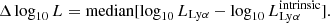 $$ \begin{aligned} \Delta \log _{10} L = \mathrm{median} [\log _{10}L_{\mathrm{Ly} \alpha } - \log _{10}L_{\mathrm{Ly} \alpha }^\mathrm{intrinsic}].\end{aligned} $$
