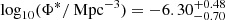 $ \log_{10} (\Phi^* / \text{ Mpc}^{-3})=-6.30^{+0.48}_{-0.70} $