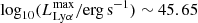 $ \log_{10}(L_{\mathrm{Ly}\alpha}^\mathrm{max} / \mathrm{erg\,s}^{-1})\sim 45.65 $