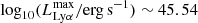 $ \log_{10}(L_{\mathrm{Ly}\alpha}^\mathrm{max} / \mathrm{erg\,s}^{-1})\sim45.54 $