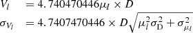 $$ \begin{aligned}&\begin{array}{ll} V_{l}&=4.740470446\mu _{l}\times D \\ \sigma _{V_{l}}&=4.7407470446\times D \sqrt{\mu _{l}^2\sigma _{\rm D}^2+\sigma _{\mu _l}^2} \end{array}\end{aligned} $$