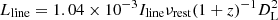 $ L_{\rm line}=1.04 \times 10 ^{-3} I_{\rm line} \nu_{\rm rest} (1+z)^{-1}D_{\rm L}^2 $