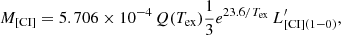 $$ \begin{aligned} M_{\rm [C{\small I}]} = 5.706 \times 10^{-4} \, Q(T_{\rm ex}) \frac{1}{3} e^{23.6/T_{\rm ex}} \, L^{\prime }_{\rm [C{\small I}](1-0)}{,} \end{aligned} $$