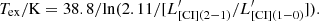$$ \begin{aligned} {T_{\rm ex}}/\mathrm{K} = 38.8/\mathrm{ln}(2.11/[L^\prime _{\rm [C{\small I}](2{-}1)}/L^\prime _{\rm [C{\small I}](1{-}0)}]). \end{aligned} $$