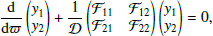 $$ \begin{aligned} \dfrac\mathrm{d}{\mathrm{d} \varpi } \begin{pmatrix} { y}_1 \\ { y}_2 \end{pmatrix} + \dfrac{1}{\mathcal{D} } \begin{pmatrix} \mathcal{F} _{11}&\mathcal{F} _{12} \\ \mathcal{F} _{21}&\mathcal{F} _{22} \end{pmatrix} \begin{pmatrix} { y}_1 \\ { y}_2 \end{pmatrix} = 0 , \end{aligned} $$