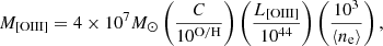 $$ \begin{aligned} M_{\rm [OIII]} = 4 \times 10^7 M_{\odot } \left(\frac{C}{10^\mathrm{O/H}}\right) \left(\frac{L_{\rm [OIII]}}{10^{44}}\right) \left(\frac{10^{3}}{\langle n_{\rm e} \rangle }\right) ,\end{aligned} $$