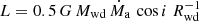 $ L = 0.5 \, G \, M_{\mathrm{wd}} \, \dot{M}_{\mathrm{a}} \, \cos i \; R_{\mathrm{wd}}^{-1} $