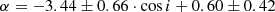 $$ \begin{aligned} \alpha = -3.44\pm 0.66 \cdot \cos i + 0.60\pm 0.42 \end{aligned} $$