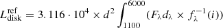 $$ \begin{aligned} L_{\rm disk}^\mathrm{ref} = 3.116 \cdot 10^4 \times d^2 \int _{1100}^{6000} (F_{\lambda } d_{\lambda } \times f_{\lambda }^{-1} (i) ) \end{aligned} $$