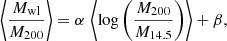 $$ \begin{aligned} \left\langle \dfrac{M_{\rm wl}}{M_{200}}\right\rangle = \alpha \,\left\langle \log \left(\dfrac{M_{200}}{M_{14.5}}\right)\right\rangle + \beta , \end{aligned} $$