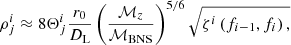 $$ \begin{aligned} \rho ^i_j \approx 8 \Theta ^i_j \frac{r_{0}}{D_{\rm L}} \left(\frac{\mathcal{M} _{z}}{\mathcal{M} _{\rm BNS}}\right)^{5/6}\sqrt{\zeta ^i\left(f_{i-1}, f_{i}\right), } \end{aligned} $$