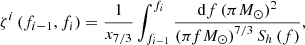 $$ \begin{aligned} \zeta ^i\left(f_{i-1}, f_{i}\right) = \frac{1}{x_{7/3}}\int ^{f_i}_{f_{i-1}}\frac{\mathrm{d}f \left( \pi M_{\odot }\right)^{2}}{\left(\pi f M_{\odot }\right)^{7/3}S_{h}\left(f\right)}, \end{aligned} $$