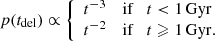 $$ \begin{aligned} p(t_{\rm del}) \propto \left\{ \begin{array}{ll} t^{-3}&\mathrm{if \ \ \ } t < 1 \,\mathrm{Gyr}\\ t^{-2}&\mathrm{if \ \ \ } t \geqslant 1\, \mathrm{Gyr}. \end{array} \right. \end{aligned} $$