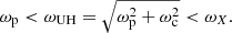$$ \begin{aligned} \omega _{\rm p} < \omega _{\rm UH} = \sqrt{\omega ^2_{\rm p} + \omega ^2_{\rm c}} < \omega _{X}. \end{aligned} $$