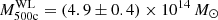 $ M^{\mathrm{WL}}_{\mathrm{500c}}= (4.9 \pm 0.4) \times 10^{14}\,M_{\odot} $