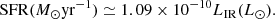 $$ \begin{aligned} \mathrm{SFR} (M_{\odot } \mathrm{yr}^{-1}) \simeq 1.09 \times 10^{-10} L_{\rm IR}(L_{\odot }). \end{aligned} $$