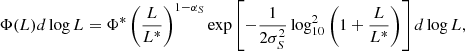 $$ \begin{aligned} \Phi (L)d\log L = \Phi ^*\left(\frac{L}{L^*}\right)^{1-\alpha _S} \exp \left[-\frac{1}{2\sigma _S^2}\log _{10}^2 \left(1+\frac{L}{L^*}\right)\right]d \log L, \end{aligned} $$