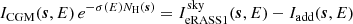 $$ \begin{aligned}&I_{\rm CGM}(\boldsymbol{s},E)\,e^{-\sigma (E) N_{\rm H}(\boldsymbol{s})} = I^\mathrm{sky}_{\rm eRASS1}(\boldsymbol{s},E) - I_{\rm add}(\boldsymbol{s},E) \end{aligned} $$
