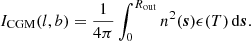 $$ \begin{aligned} I_{\rm CGM}(l,b) = \frac{1}{4\pi } \int _0^{R_{\rm out}} n^2(\boldsymbol{s}) \epsilon (T)\, \mathrm{d}{\boldsymbol{s}}. \end{aligned} $$