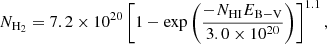 $$ \begin{aligned} N_{\rm H_2}&= 7.2 \times 10^{20} \left[1 - \exp \left(\frac{-N_{\rm HI} E_{\rm B-V}}{3.0 \times 10^{20}}\right)\right]^{1.1}, \end{aligned} $$