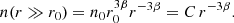 $$ \begin{aligned} n(r \gg r_0) = n_0 r_0^{3\beta } r^{-3\beta } = C \, r^{-3\beta }. \end{aligned} $$