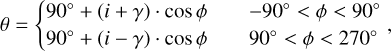$\theta = \left\{ {\matrix{ {90^\circ + \left( {i + \gamma } \right)\,\,\cos \,\phi } \hfill &amp; { - 90^\circ &gt; \phi &gt; 90^\circ } \hfill \cr {90^\circ + \left( {i - \gamma } \right)\,\,\cos \,\phi } \hfill &amp; {90^\circ &gt; \phi &gt; 270^\circ } \hfill \cr } } \right.,$