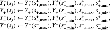 $\eqalign{ & Y_ + ^ + \left( {{s_j}} \right) \leftarrow Y_ + ^ + \left( {s_{ + ,{\rm{max }}}^ + } \right),Y_ + ^ + \left( {s_{ + ,{\rm{min }}}^ + } \right),s_{ + ,{\rm{max }}}^ + ,s_{ + ,{\rm{min }}}^ + , \cr & Y_ + ^ - \left( {{s_j}} \right) \leftarrow Y_ + ^ - \left( {s_{ + ,{\rm{max }}}^ - } \right),Y_ + ^ - \left( {s_{ + ,{\rm{min }}}^ - } \right),s_{ + ,{\rm{max }}}^ - ,s_{ + ,{\rm{min }}}^ - , \cr & Y_ - ^ + \left( {{s_j}} \right) \leftarrow Y_ - ^ + \left( {s_{ - ,{\rm{max }}}^ + } \right),Y_ - ^ + \left( {s_{ - ,{\rm{min }}}^ + } \right),s_{ - ,{\rm{max }}}^ + ,s_{ - ,{\rm{min }}}^ + , \cr & Y_ - ^ - \left( {{s_j}} \right) \leftarrow Y_ - ^ - \left( {s_{ - ,{\rm{max }}}^ - } \right),Y_ - ^ - \left( {s_{ - ,{\rm{min }}}^ - } \right),s_{ - ,{\rm{max }}}^ - ,s_{ - ,{\rm{min }}}^ - . \cr} $