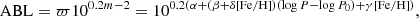 $$ \begin{aligned} \mathrm{ABL}=\varpi 10^{0.2 m -2}=10^{0.2(\alpha +(\beta +\delta \mathrm{[Fe/H])}(\log P-\log P_0) +\gamma \mathrm{[Fe/H]})}, \end{aligned} $$
