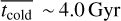 $\overline {{t_{{\rm{cold}}}}} \~4.0\,{\rm{Gyr}}$