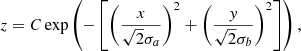 $$ \begin{aligned} z = C \exp \left( - \left[ \left( \frac{x}{\sqrt{2} \sigma _a} \right)^2 + \left( \frac{{ y}}{\sqrt{2} \sigma _b} \right)^2 \right] \right), \end{aligned} $$