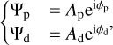 $\left\{ {\matrix{ {{{\rm{\Psi }}_{\rm{p}}} = {A_{\rm{p}}}{{\rm{e}}^{{\rm{i}}{\phi _{\rm{p}}}}}} \hfill \cr {{{\rm{\Psi }}_{\rm{d}}} = {A_{\rm{d}}}{{\rm{e}}^{{\rm{i}}{\phi _{\rm{d}}}}},} \hfill \cr } } \right.$