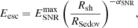 $$ \begin{aligned} E_{\rm esc} = E^\mathrm{max}_{\rm SNR} \left(\frac{R_{\rm sh}}{R_{\rm Sedov}}\right)^{-\alpha _{\rm SNR}}\!, \end{aligned} $$