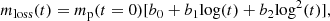 $$ \begin{aligned} m_{\rm loss}(t)=m_{\rm p}(t=0)[b_0+b_1 \mathrm{log}(t)+b_2 \mathrm{log}^2(t)] ,\end{aligned} $$