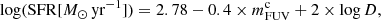 $$ \begin{aligned} \log (\mathrm{SFR}[M_{\odot }\,\mathrm{yr}^{-1}]) = 2.78 - 0.4 \times m^\mathrm{c}_{\rm FUV} + 2 \times \log D, \end{aligned} $$