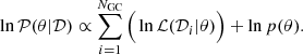 $$ \begin{aligned} \ln \mathcal P(\theta |\mathcal D\mathcal{)} \propto \sum _{i=1}^{N_{\rm GC}} \Big (\ln \mathcal{L} (\mathcal{D} _i| \theta )\Big ) + \ln p(\theta ). \end{aligned} $$