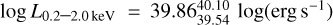 $\log {L_{0.2 - 2.0\,{\rm{keV}}}} = 39.86_{39.57}^{40.10}\log \left( {{\rm{erg}}\,{{\rm{s}}^{ - {\rm{1}}}}} \right)$