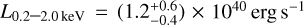 ${L_{0.2 - 2.0{\rm{keV}}}} = \left( {1.2_{ - 0.4}^{ + 0.6}} \right) \times {10^{40}}{\rm{erg}}\,{{\rm{s}}^{ - 1}}$