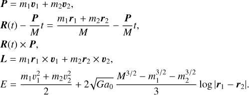 $\matrix{ {{r_1} = {{{m_2}r} \over M}({\bf{i}}\cos \omega t + {\bf{j}}\sin \omega t),} \hfill & {{r_2} = {{ - {m_1}r} \over M}({\bf{i}}\cos \omega t + {\bf{j}}\sin \omega t),} \hfill \cr {{\upsilon _1} = {{ - {m_2}v} \over M}({\bf{i}}\sin \omega t - {\bf{j}}\cos \omega t),} \hfill & {{\upsilon _2} = {{{m_1}v} \over M}({\bf{i}}\sin \omega t - {\bf{j}}\cos \omega t),} \hfill \cr } $