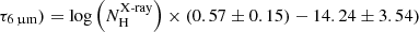 $ \tau_{\mathrm{6\,{\upmu}m}})=\log \left(N_{\mathrm{H}}^{\text{X-ray}}\right) \times (0.57 \pm 0.15) - 14.24 \pm 3.54) $