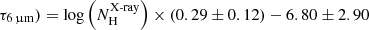 $ \tau_{\mathrm{6\,{\upmu}m}} )=\log \left(N_{\mathrm{H}}^{\text{X-ray}}\right) \times (0.29 \pm 0.12) - 6.80 \pm 2.90 $