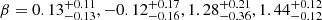 $ \beta = 0.13_{-0.13}^{+0.11}, -0.12_{-0.16}^{+0.17}, 1.28_{-0.36}^{+0.21},1.44_{-0.12}^{+0.12} $