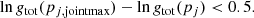 $$ \begin{aligned} \ln g_\mathrm{tot} (p_{j,\mathrm{jointmax} }) - \ln g_\mathrm{tot} (p_j) < 0.5. \end{aligned} $$