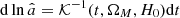 $ \mathrm{d} \ln \hat a = \mathcal{K}^{-1}(t, \Omega_M, H_0) \mathrm{d}t $